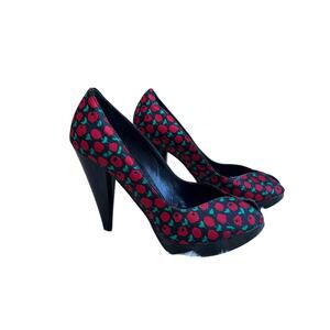 Vintage Betsey Johnson Red Green Floral Platform Heels Y2K Pumps Size 5.5